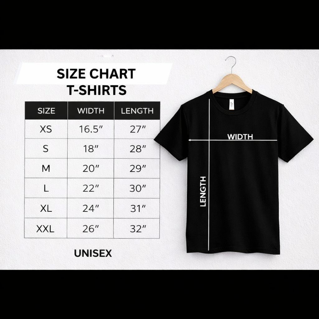 Black t-shirt on a hanger with size chart for t-shirts on a white background