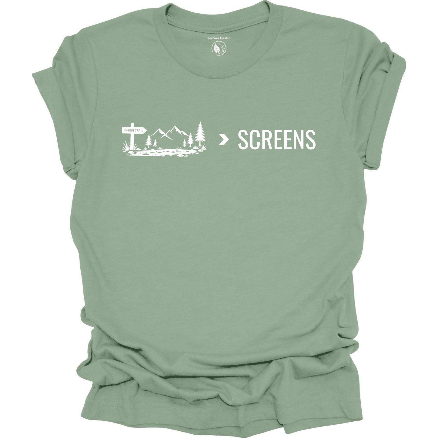 Minimalist Nature Over Screens sage t-shirt featuring mountains and trees for hikers and outdoor adventure lovers.