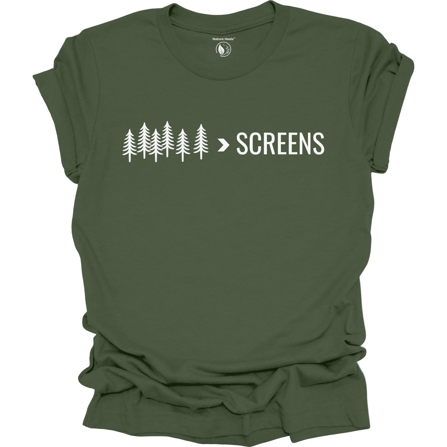 Nature-inspired Trees Over Screens graphic military green tee featuring forest trees design for outdoor lovers