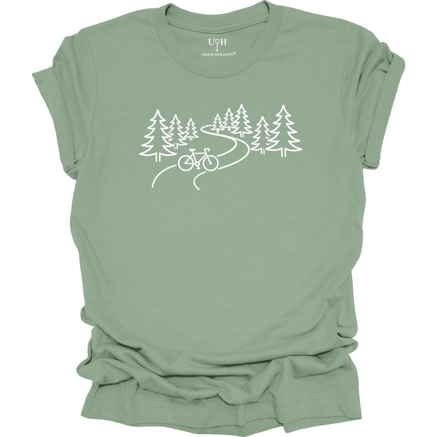 nature biking graphic sage t-shirt with minimalist forest trail and bicycle design, featuring “unlock your happy” text on sleeve
