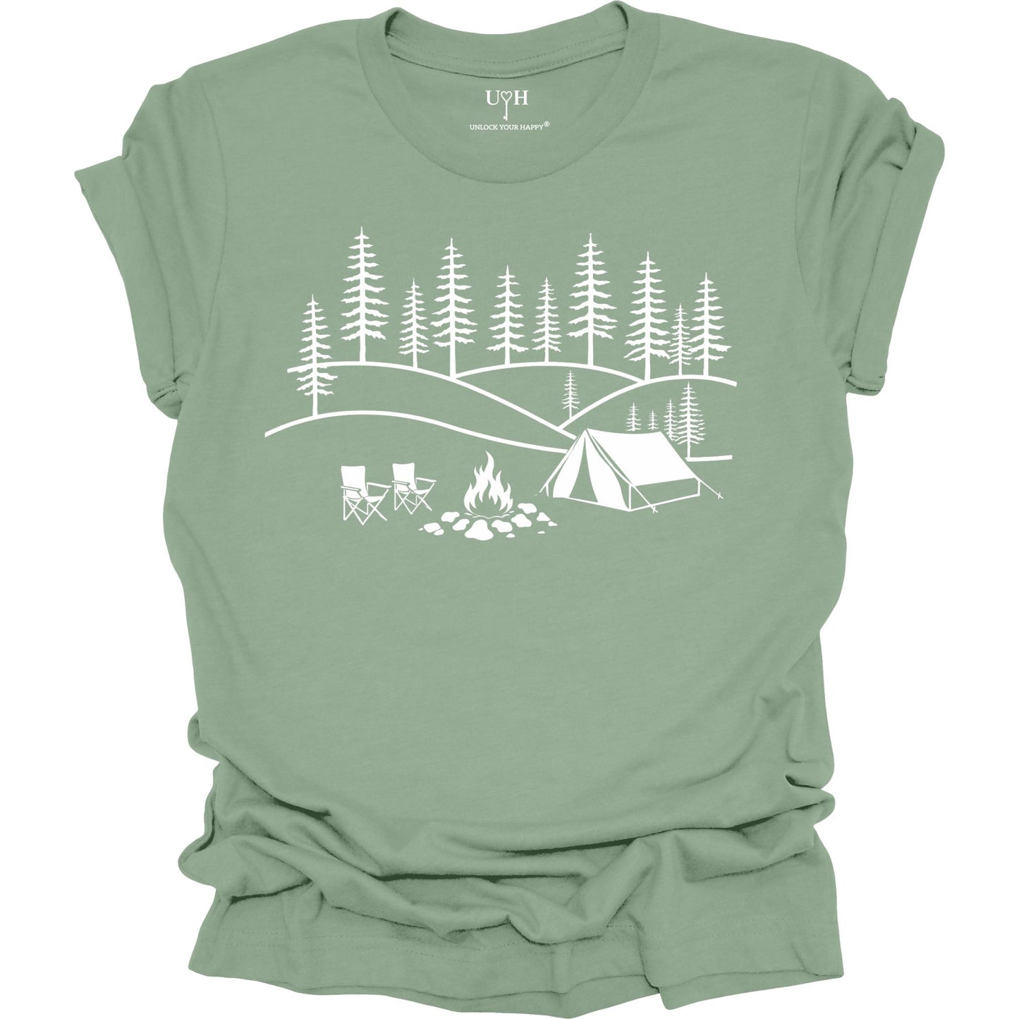 Sage t-shirt with white camping graphic on a white background