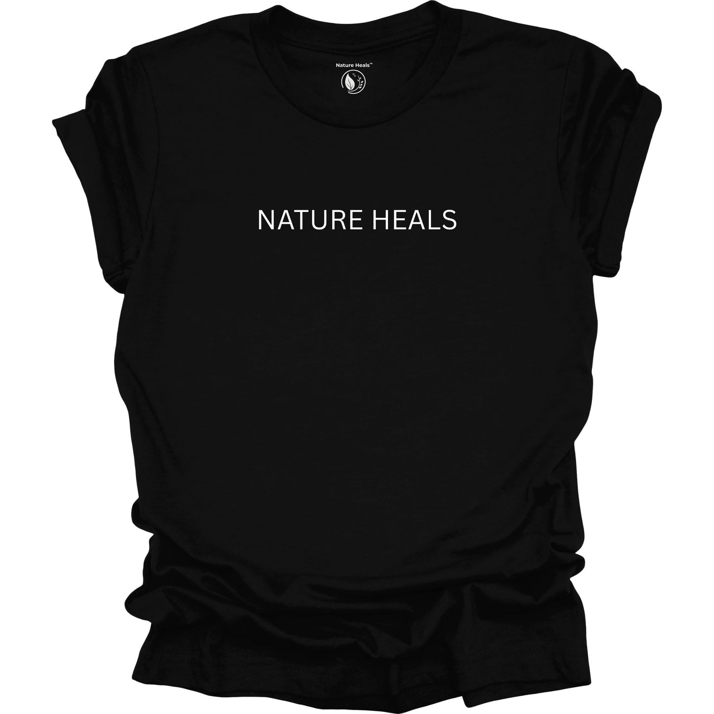 Black t-shirt with 'NATURE HEALS' text on a white background
