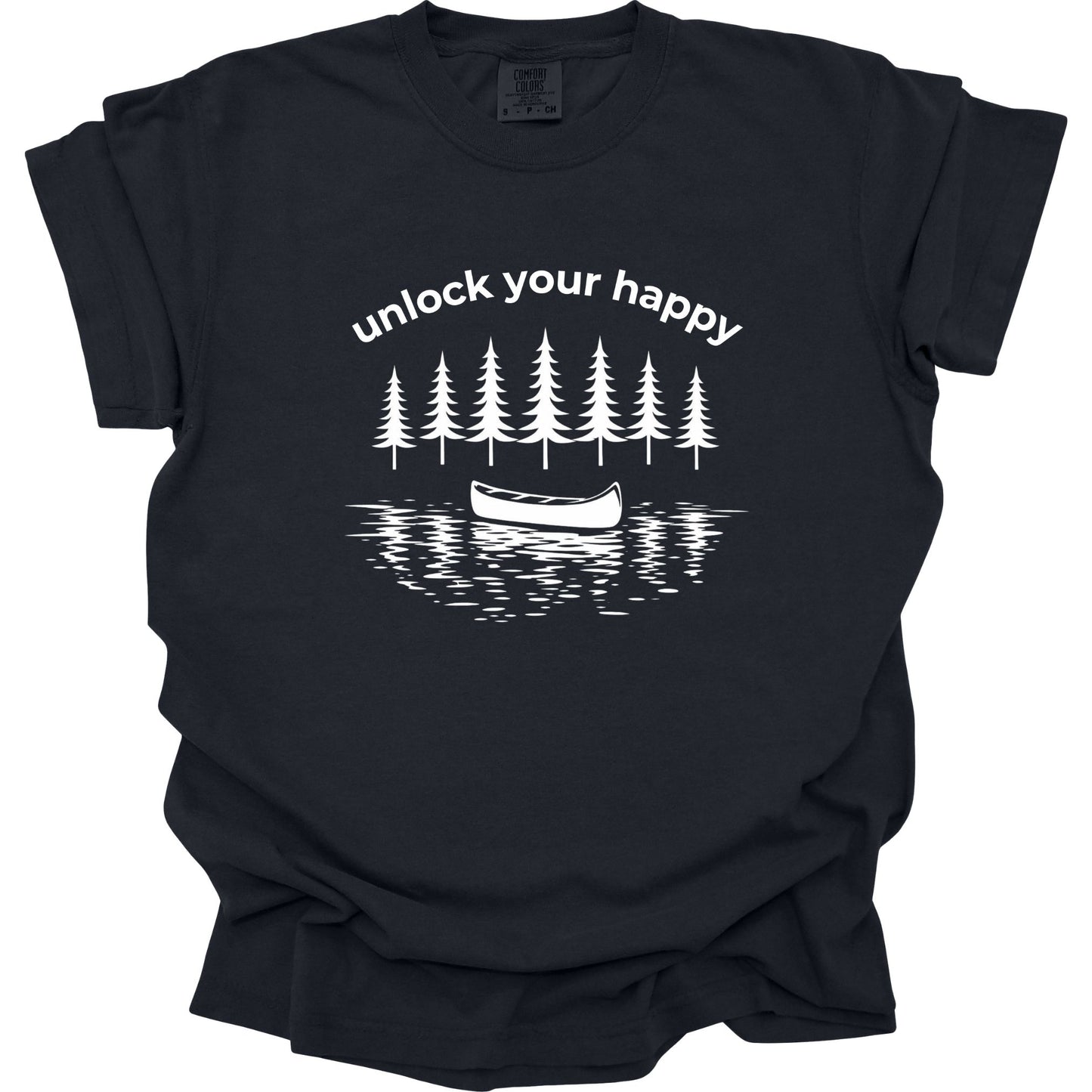 Black t-shirt with white graphic and text 'unlock your happy' on a white background