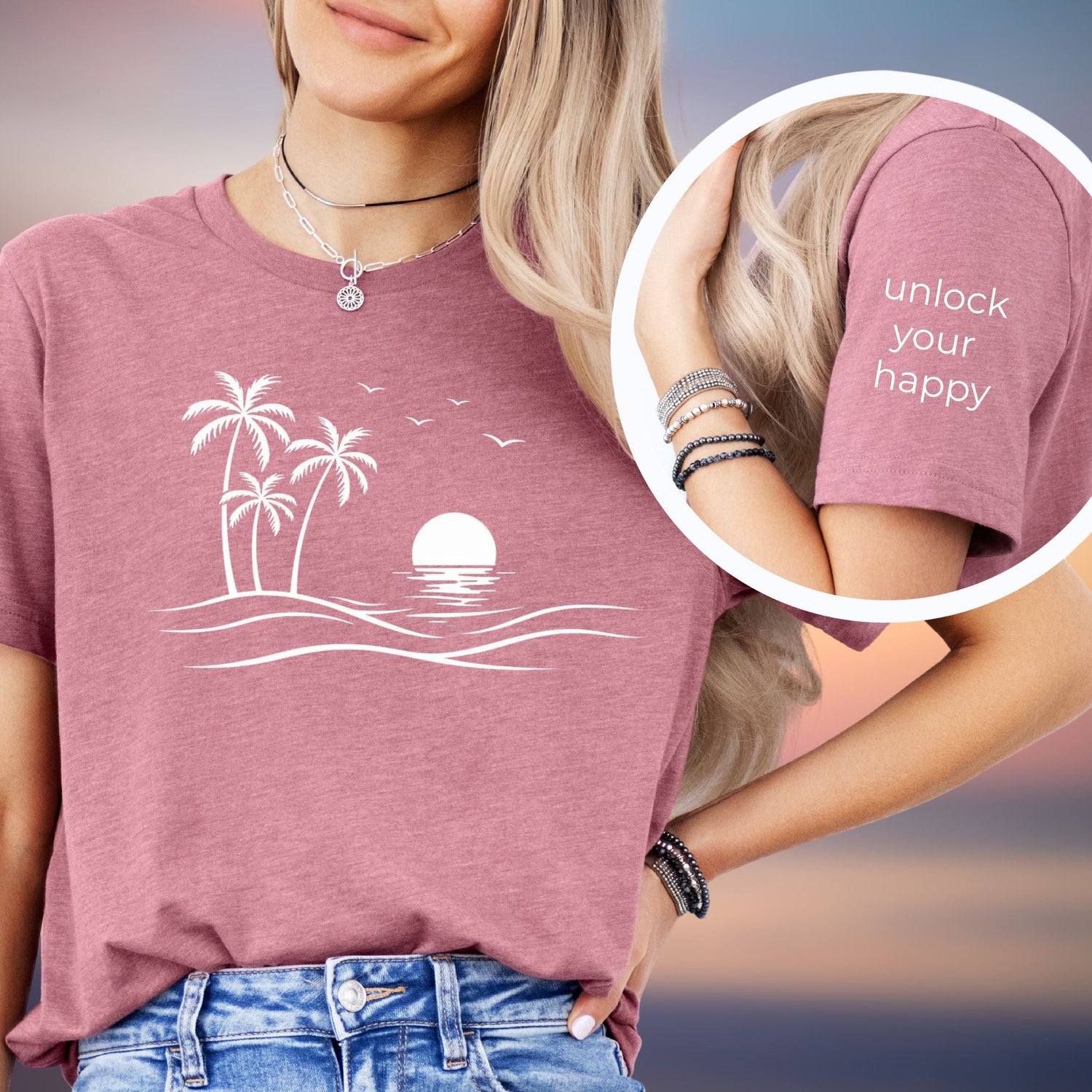 Minimalist sunset beach graphic t-shirt in mauve with palm trees, ocean waves, and inspirational sleeve detail