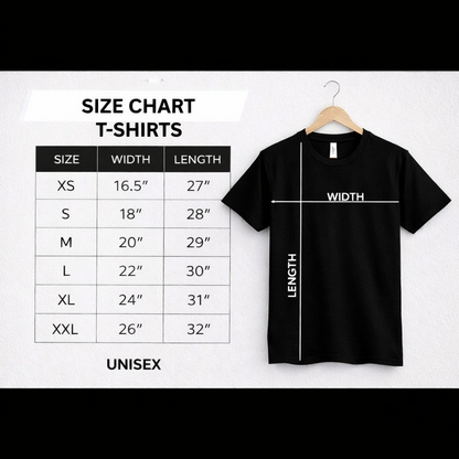 Black t-shirt on a hanger with size chart for t-shirts on a white background