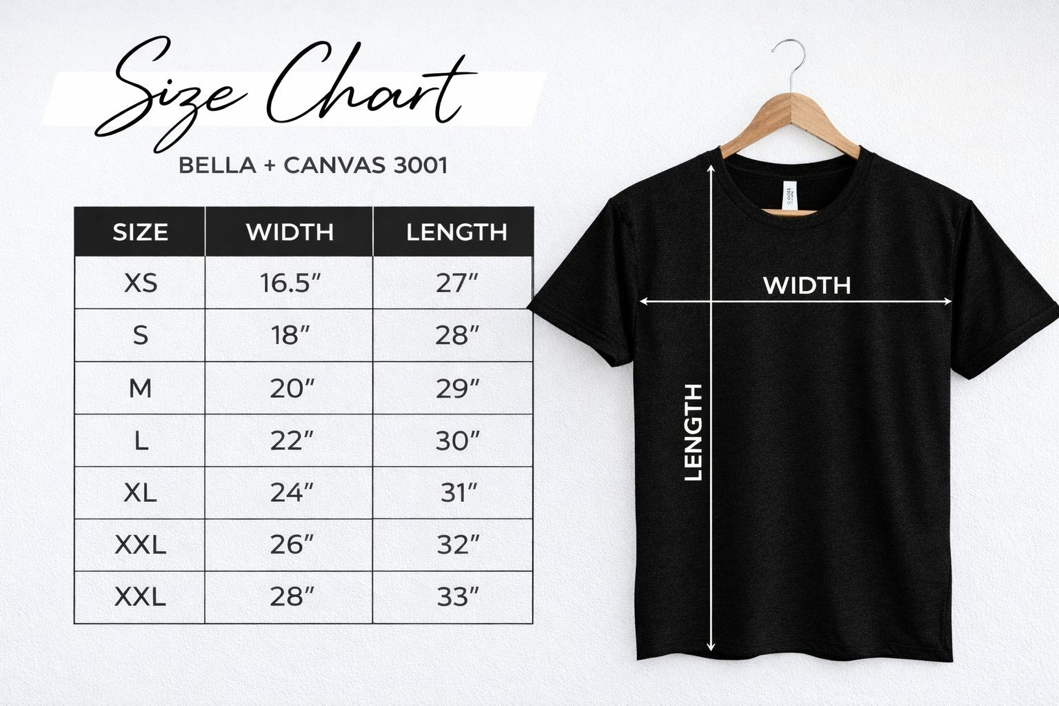 Black t-shirt with size chart on a white background