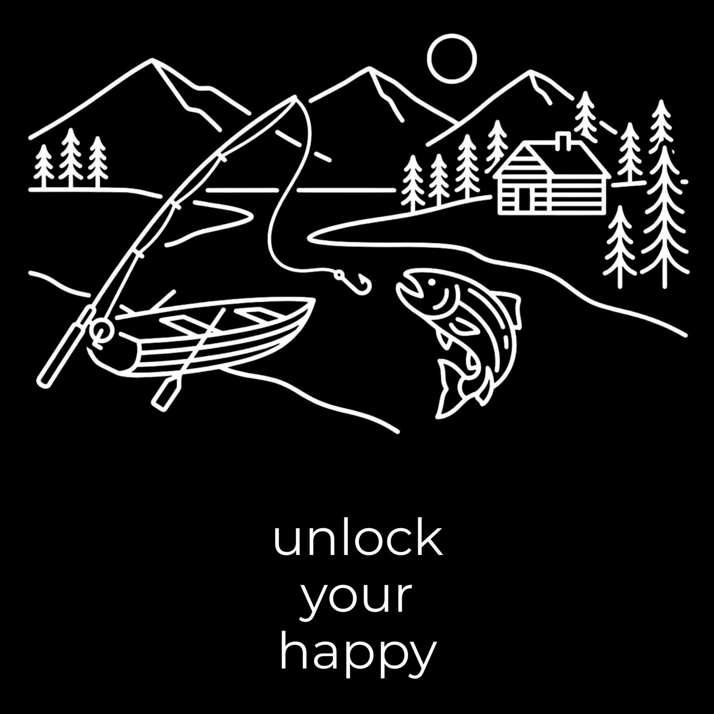 Illustration of a mountain landscape with trees, a cabin, and fish, accompanied by the text 'unlock your happy'.