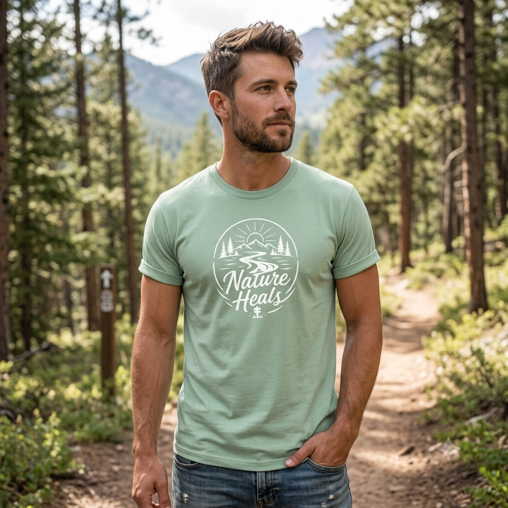 Nature Heals Text with Mountain, Pine Trees, River and Sun Graphic on a sage-green t-shirt on a man on a wooded path