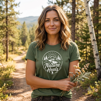 Nature Heals Text with Mountain, Pine Trees, River and Sun Graphic green t-shirt on a female on a wooded path