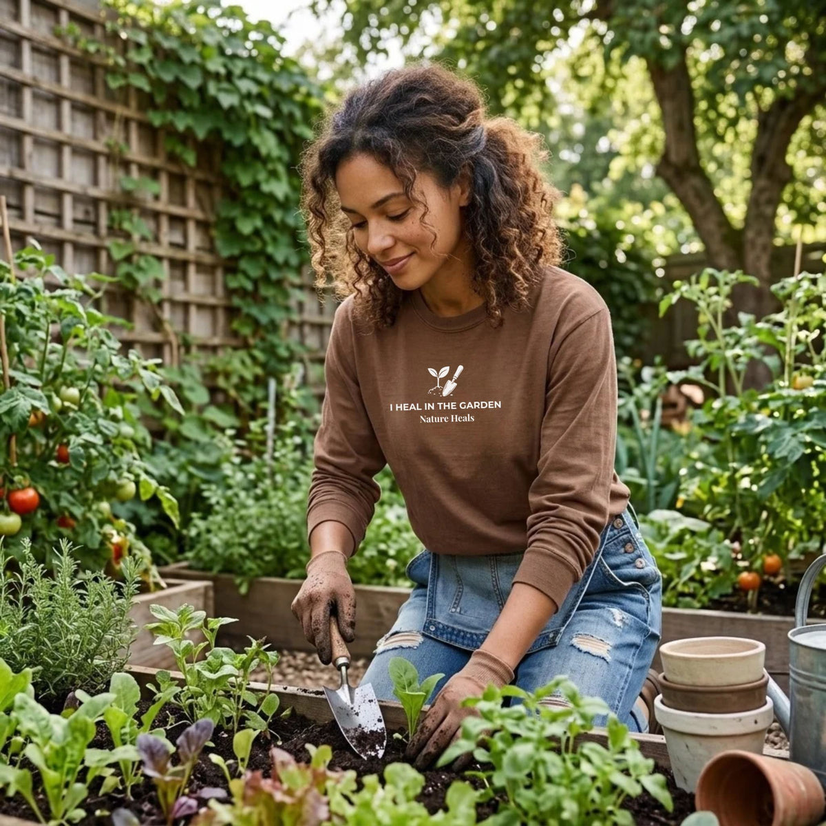 A brown long-sleeve t-shirt with a white graphic on the chest showing a mound of soil, plant and trowel  and the text 'I HEAL IN THE GARDEN  Nature Heals' on a female working in the garden.
