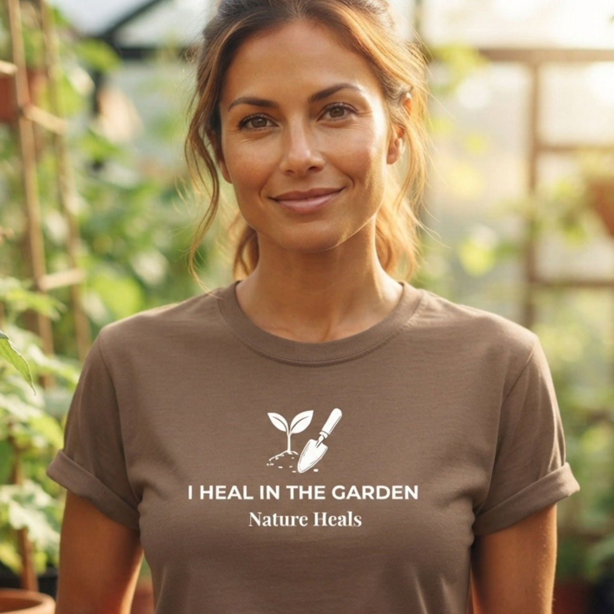 A woman wearing a brown t-shirt with a white graphic of a sprout and trowel, with the text 'I HEAL IN THE GARDEN' and 'Nature Heals'.