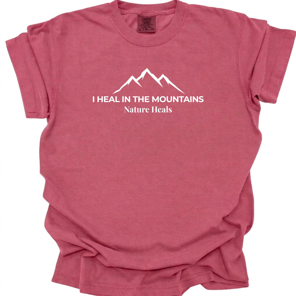 A brick-red-colored short-sleeve t-shirt with a white graphic of a mountain range and the text 'I HEAL IN THE MOUNTAINS Nature Heals' printed on the chest, displayed against a solid white background.