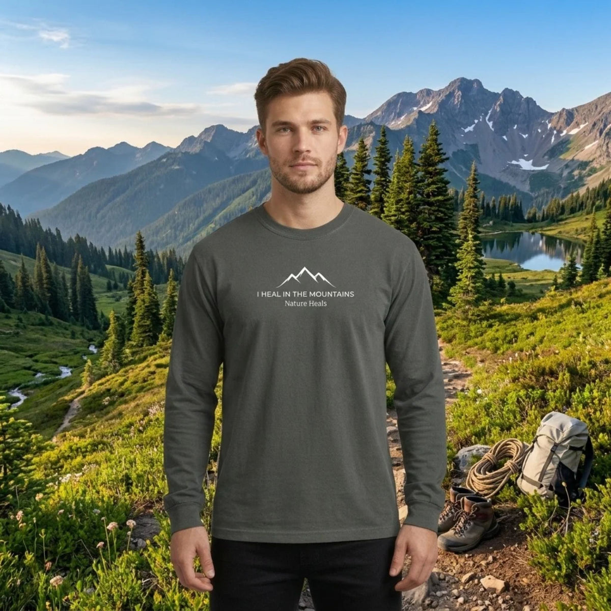 A man wearing a dark gray long-sleeve t-shirt with a white mountain graphic and the text 'I HEAL IN THE MOUNTAINS Nature Trails' stands in front of a beautiful mountain landscape with a lake and hiking gear.