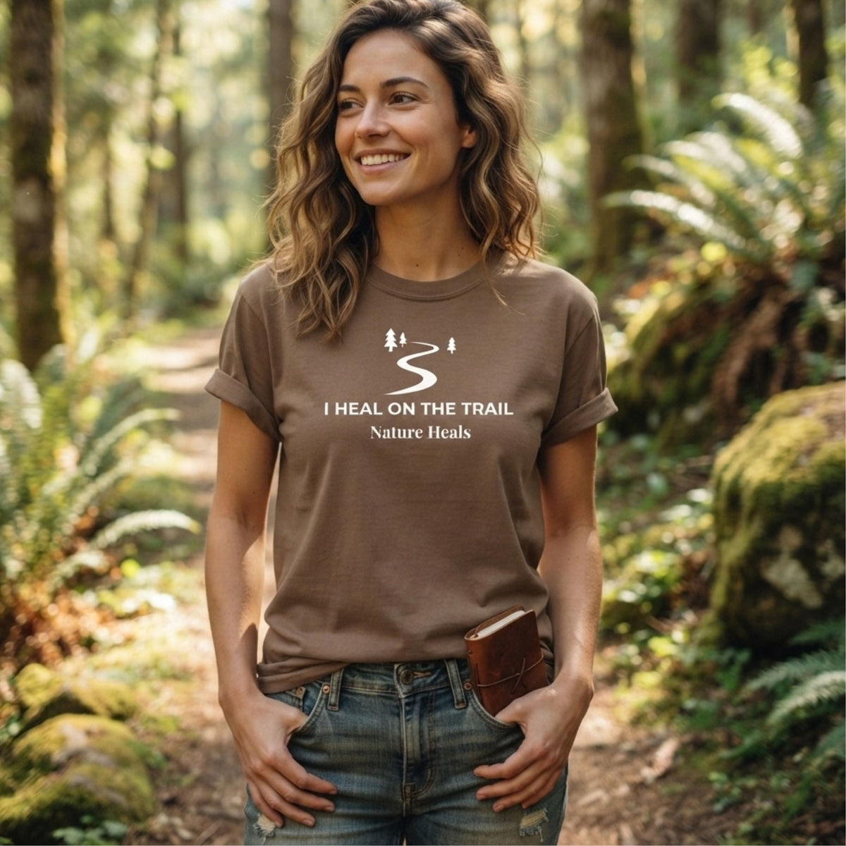 A woman standing on a forest path wearing a brown graphic t-shirt with the text 'I HEAL ON THE TRAIL Nature Heals' and a trail icon.