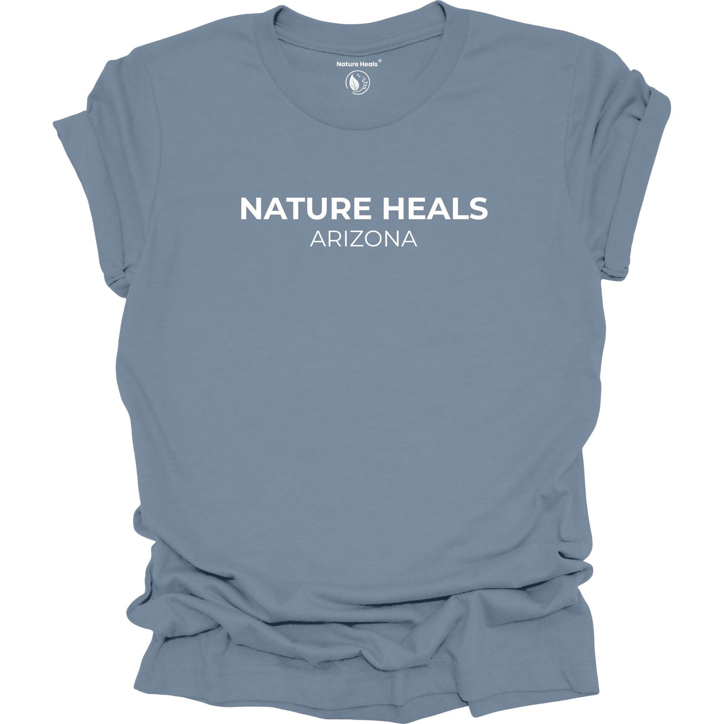 Blue t-shirt with 'Nature Heals Arizona' text on a white background