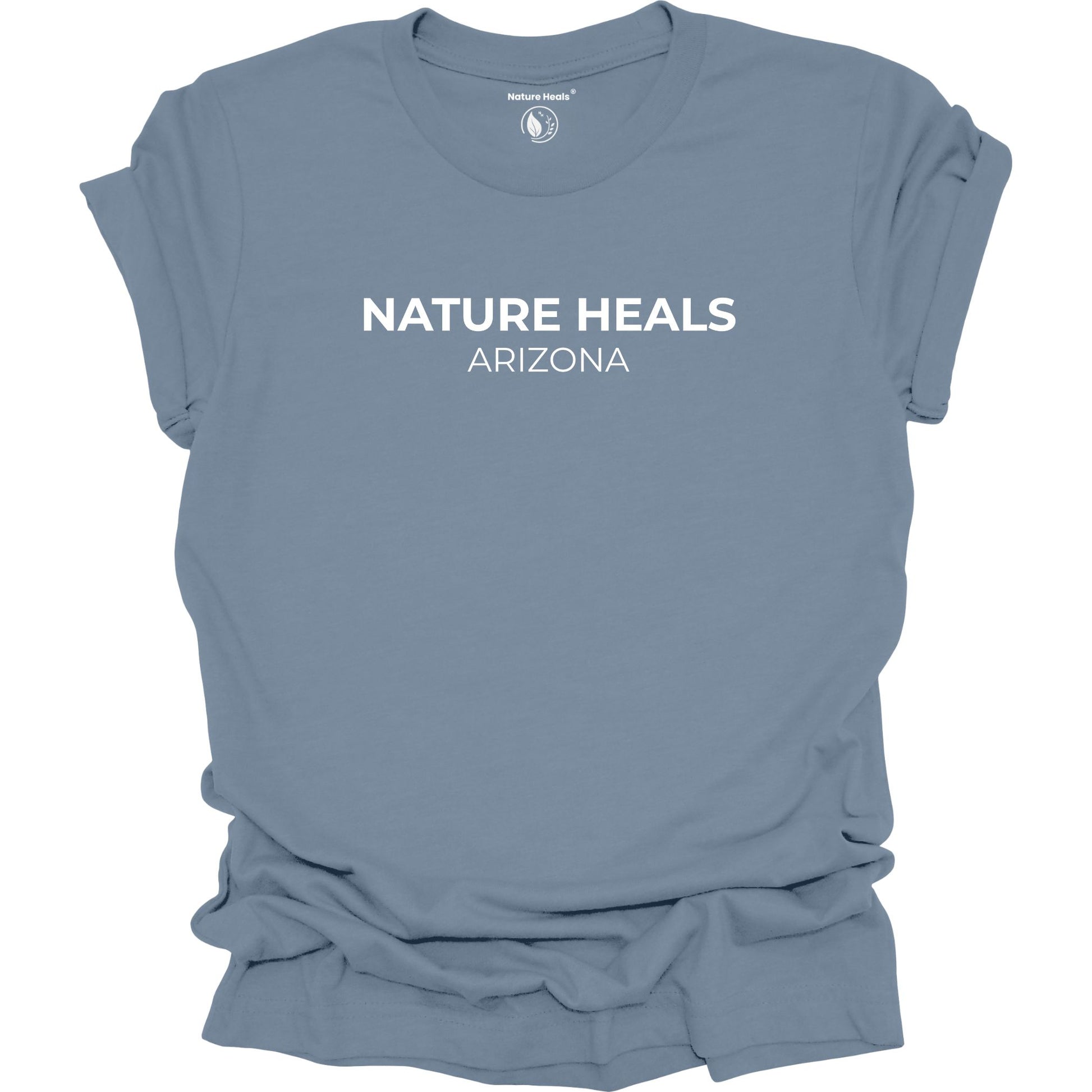 Blue t-shirt with 'Nature Heals Arizona' text on a white background