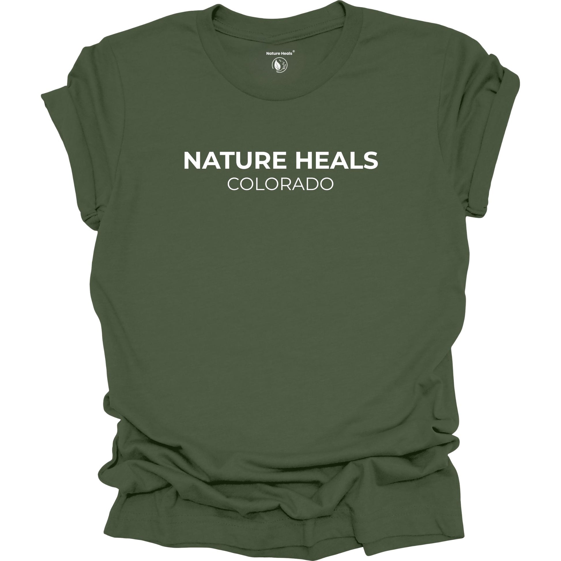Green t-shirt with 'Nature Heals Colorado' text on a white background