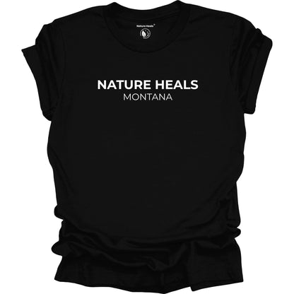 Black t-shirt with 'Nature Heals Colorado' text on a white background