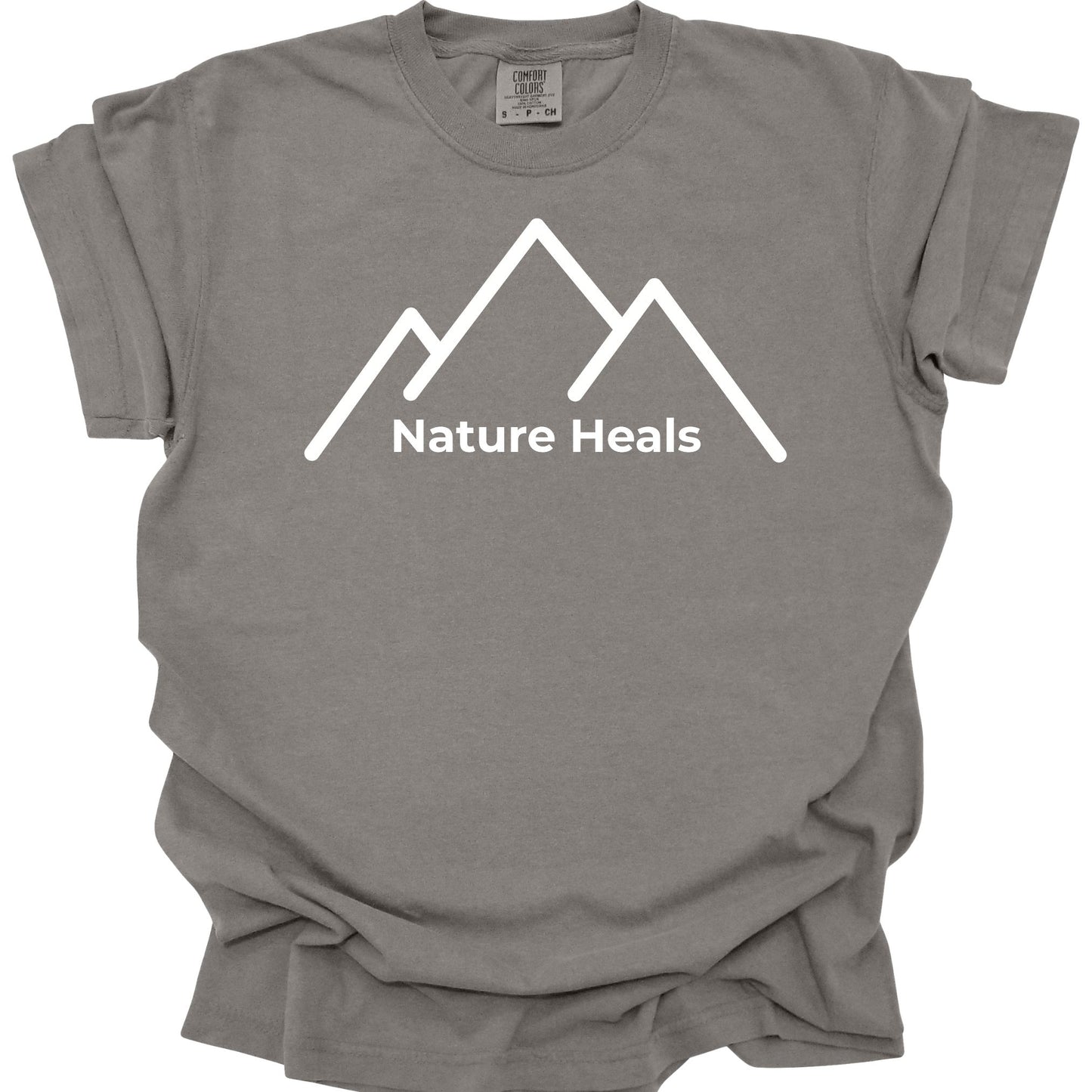 Gray t-shirt with white text and white mountain graphic on a white background
