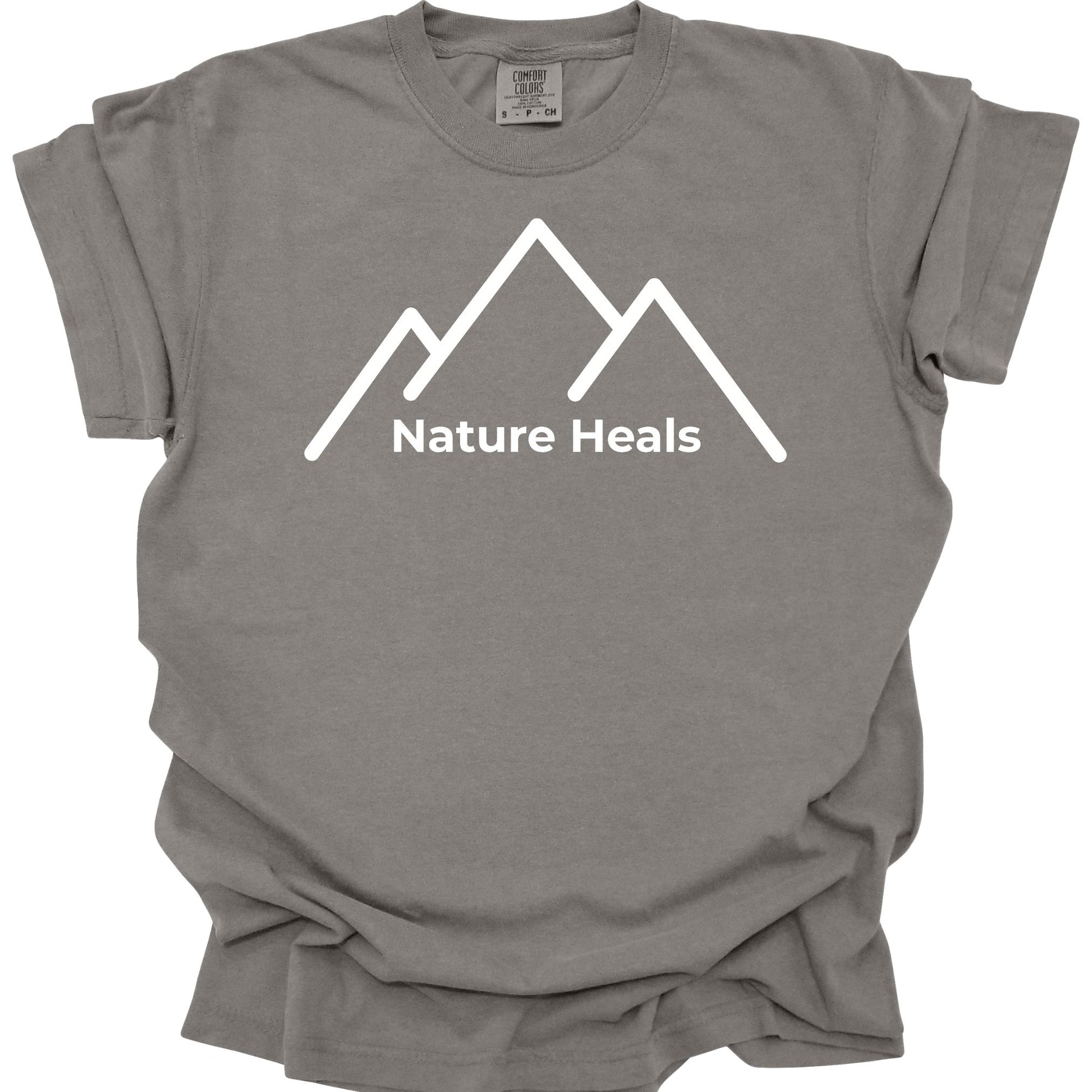 Gray t-shirt with white text and white mountain graphic on a white background