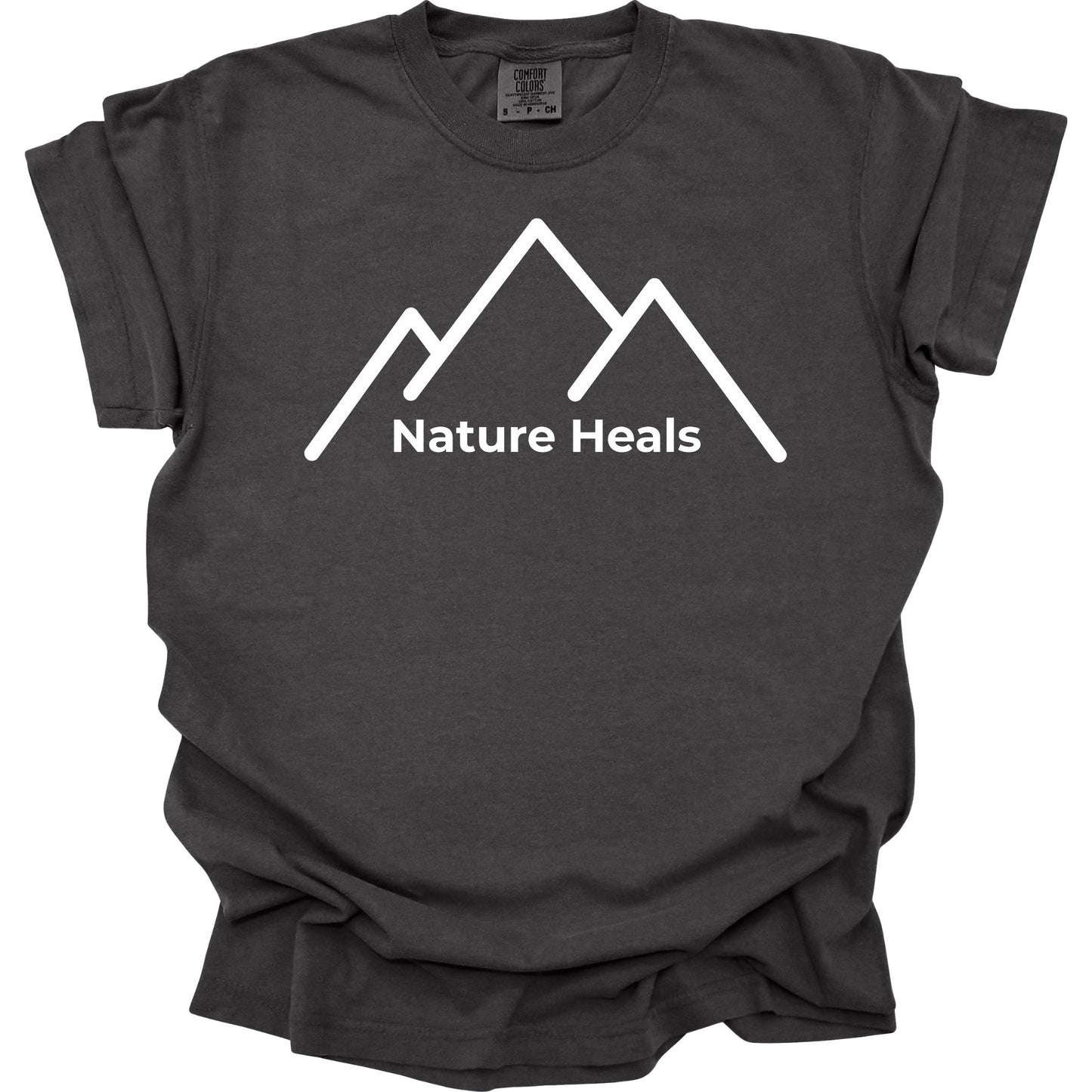 Pepper colored  t-shirt with white mountain graphic and 'Nature Heals' text on a white background