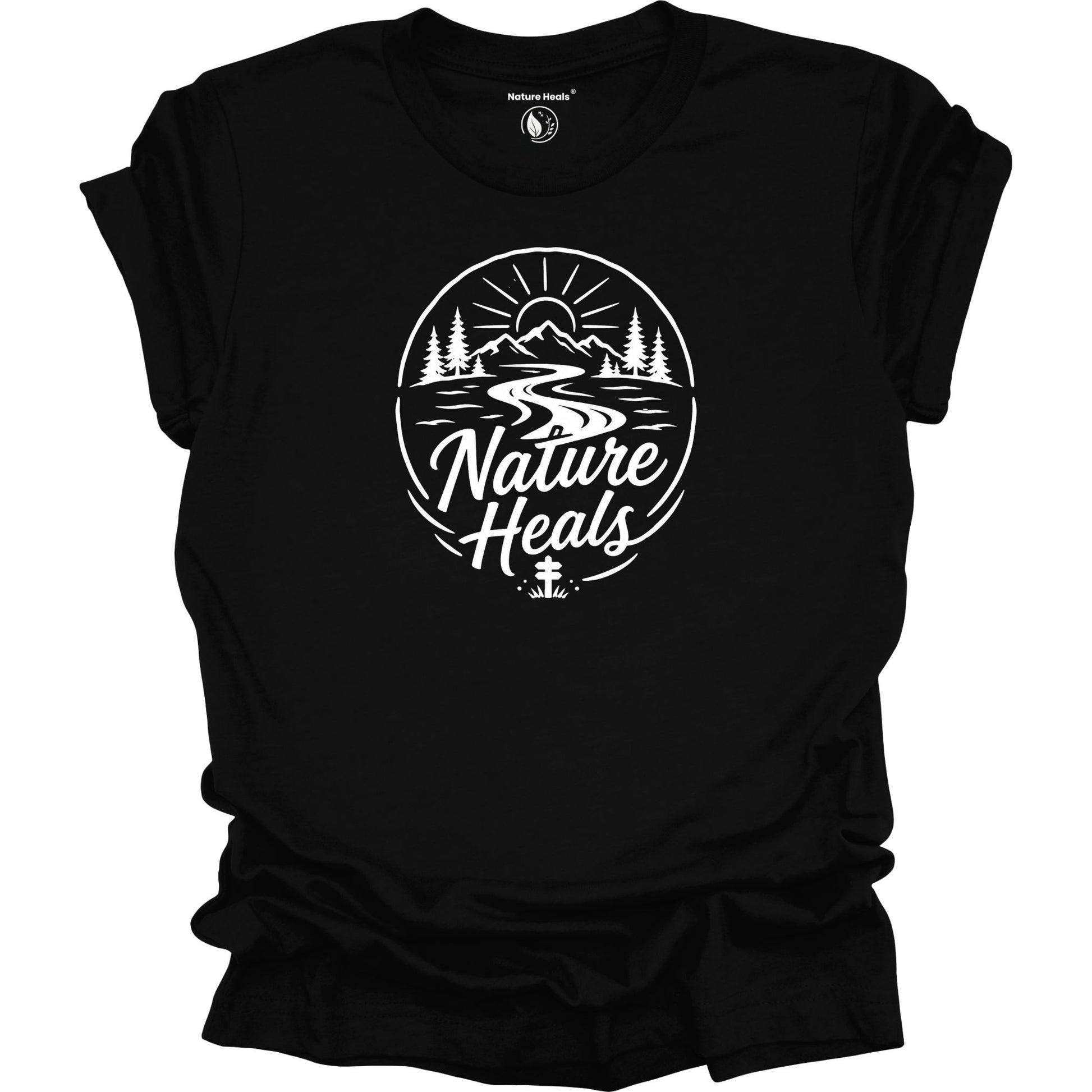 Nature Heals Text with Mountain, Pine Trees, River and Sun Graphic black t-shirt