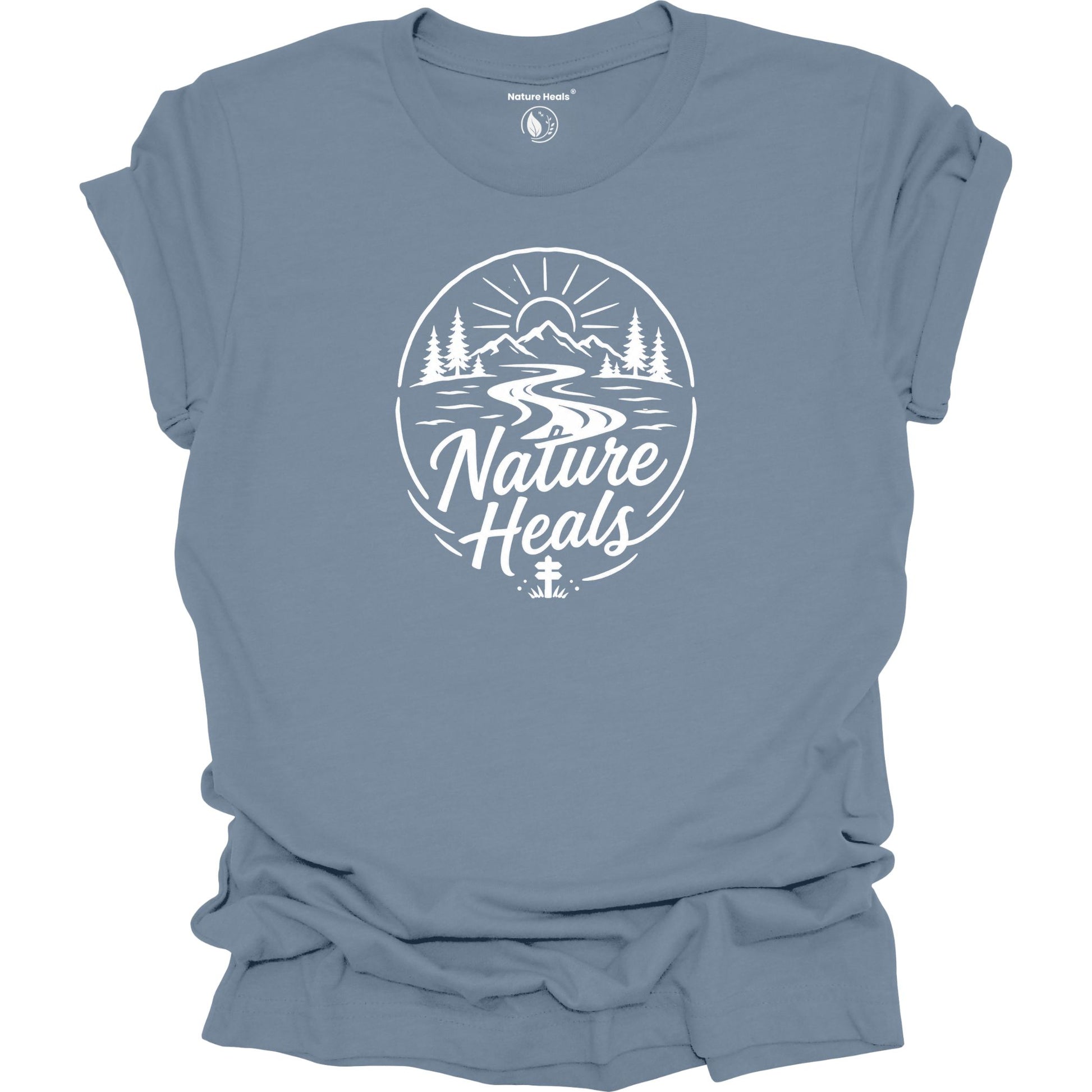 Nature Heals Text with Mountain, Pine Trees, River and Sun Graphic blue t-shirt