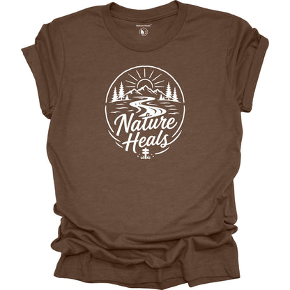Nature Heals Text with Mountain, Pine Trees, River and Sun Graphic brown t-shirt