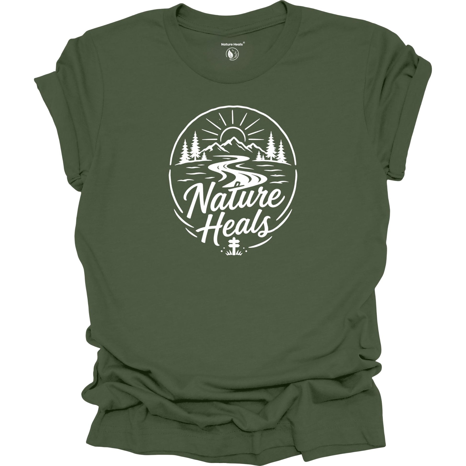 Nature Heals Text with Mountain, Pine Trees, River and Sun Graphic green t-shirt
