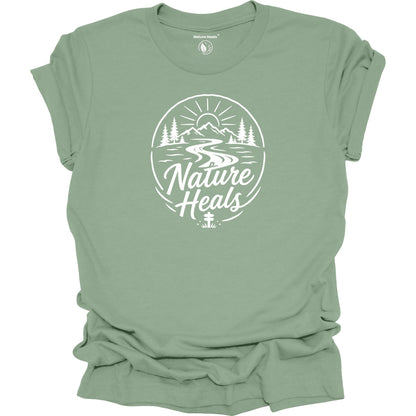Nature Heals Text with Mountain, Pine Trees, River and Sun Graphic sage-green t-shirt