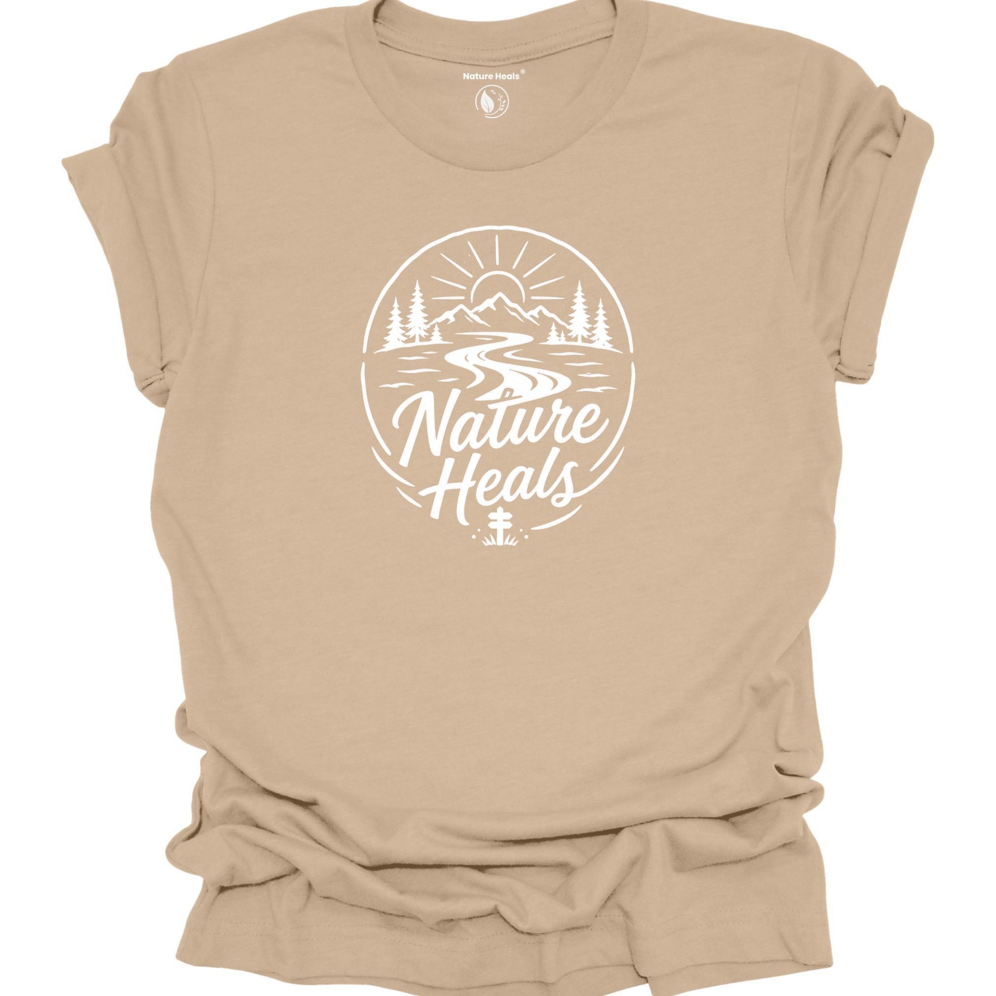 Nature Heals Text with Mountain, Pine Trees, River and Sun Graphic tan t-shirt