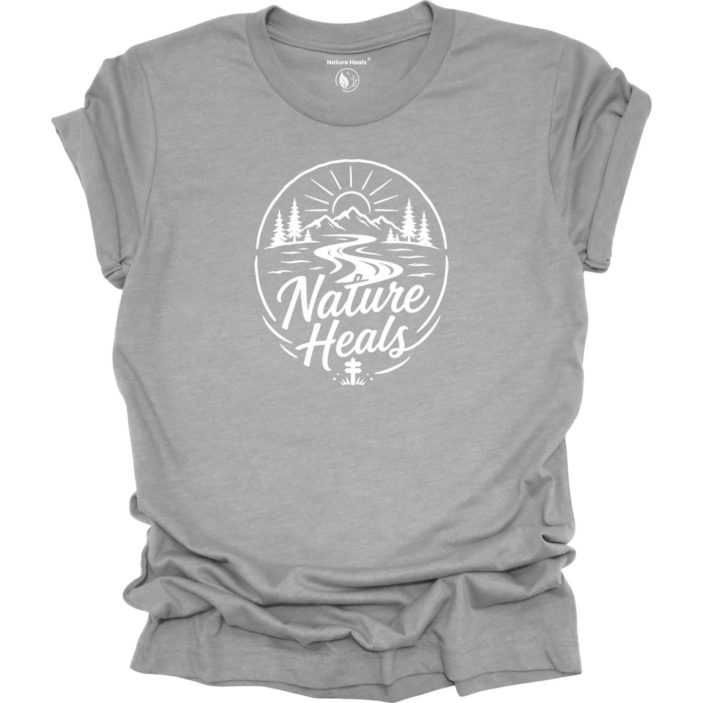 Nature Heals Text with Mountain, Pine Trees, River and Sun Graphic grey  t-shirt