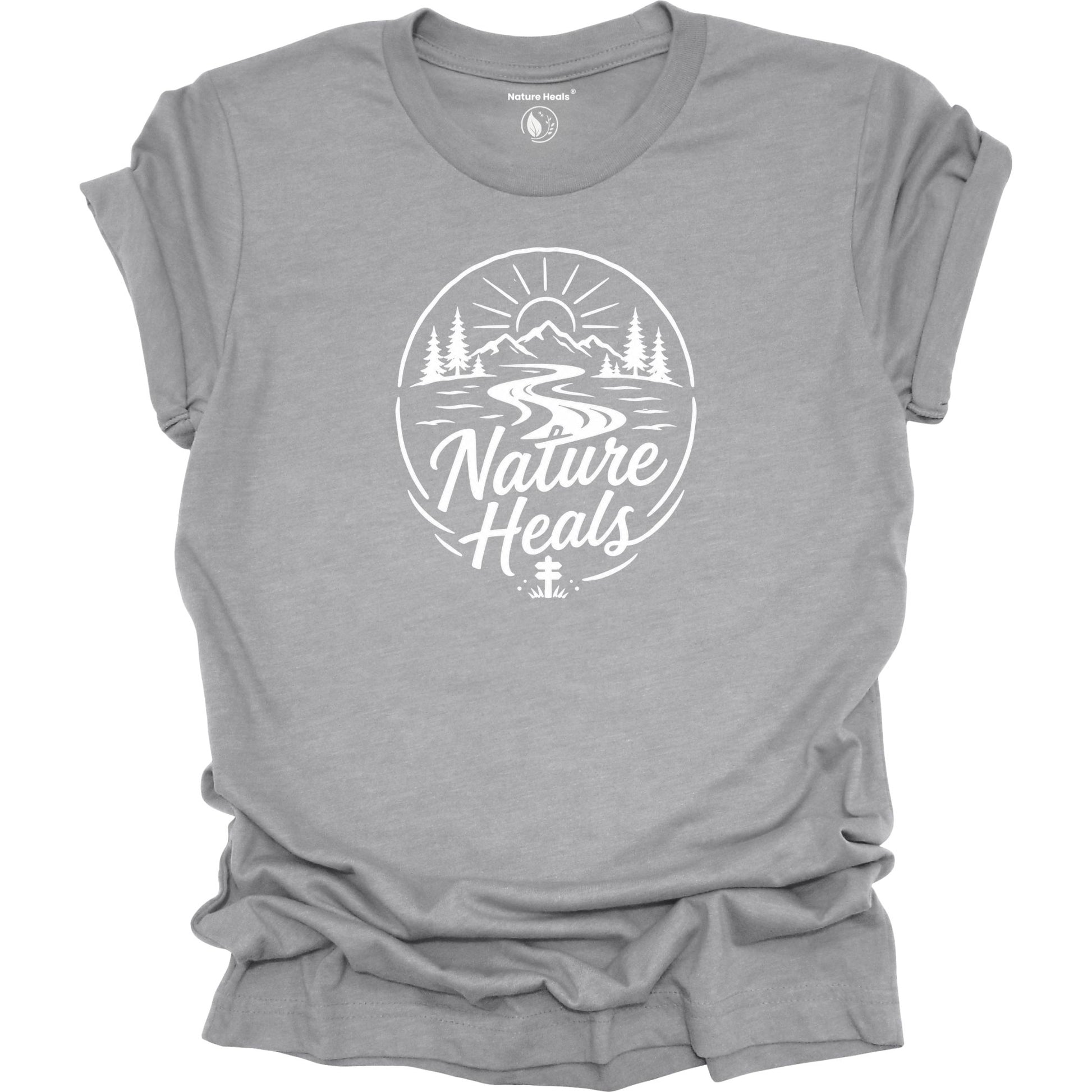 Nature Heals Text with Mountain, Pine Trees, River and Sun Graphic grey  t-shirt