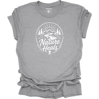 Nature Heals Text with Mountain, Pine Trees, River and Sun Graphic grey  t-shirt