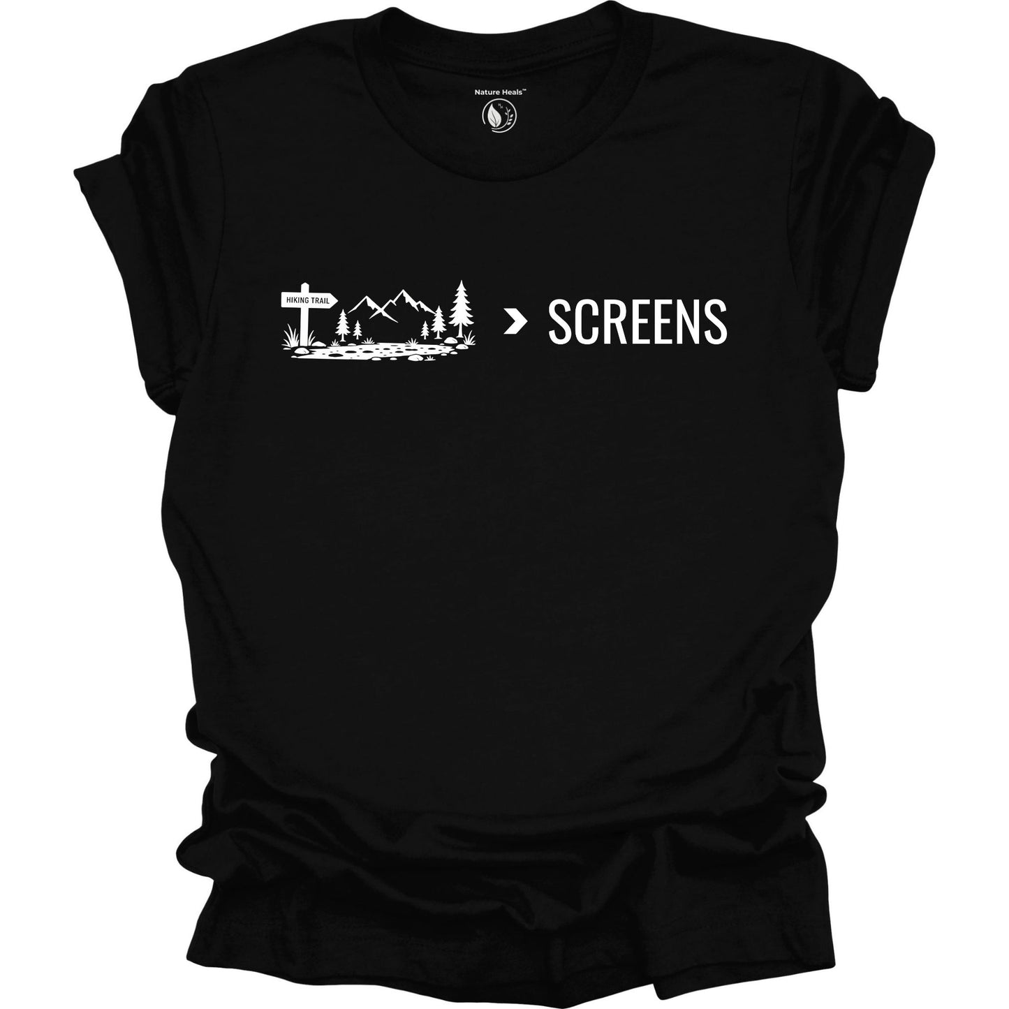 Minimalist Nature Over Screens black t-shirt featuring mountains and trees for hikers and outdoor adventure lovers.