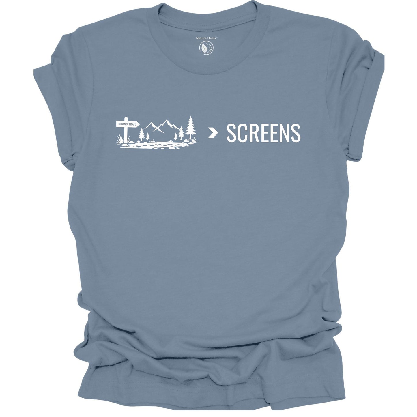 Minimalist Nature Over Screens blue t-shirt featuring mountains and trees for hikers and outdoor adventure lovers.