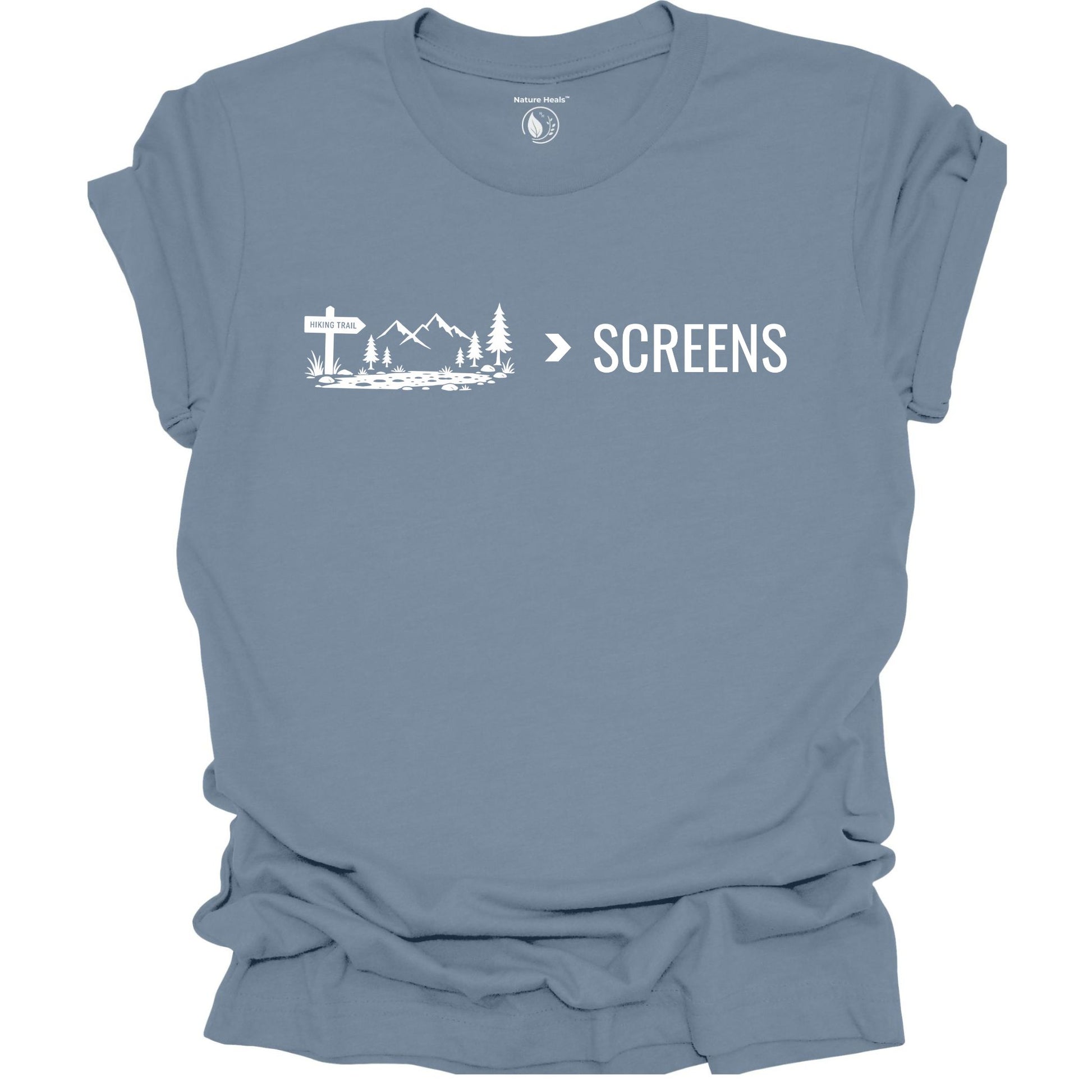 Minimalist Nature Over Screens blue t-shirt featuring mountains and trees for hikers and outdoor adventure lovers.