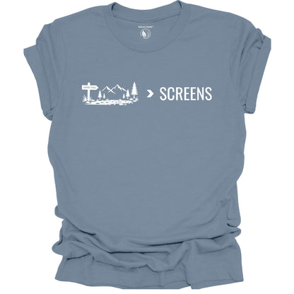 Minimalist Nature Over Screens blue t-shirt featuring mountains and trees for hikers and outdoor adventure lovers.
