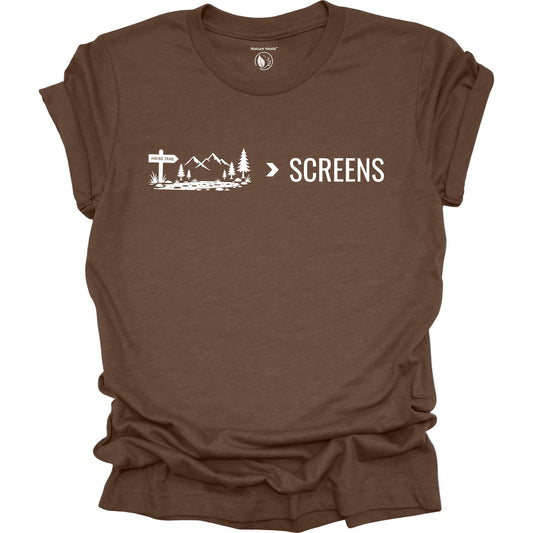 Minimalist Nature Over Screens brown t-shirt featuring mountains and trees for hikers and outdoor adventure lovers.