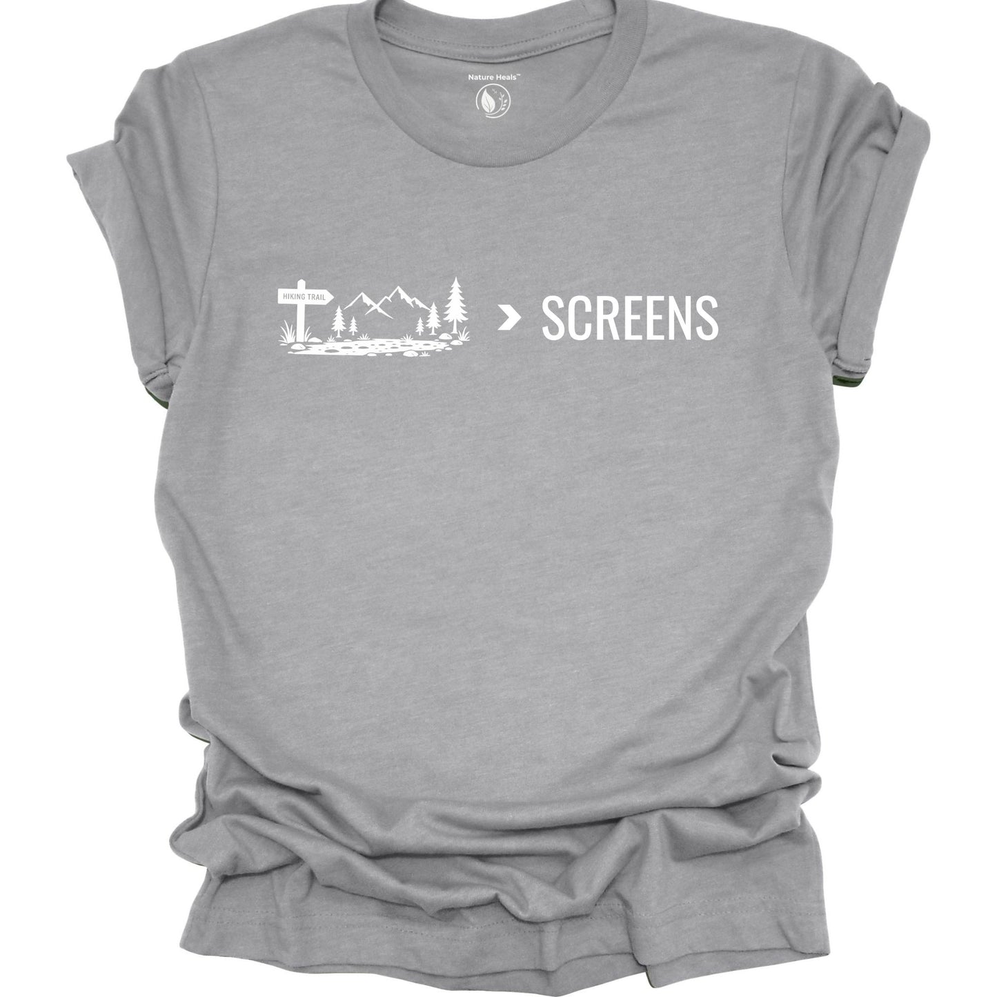 Minimalist Nature Over Screens gray t-shirt featuring mountains and trees for hikers and outdoor adventure lovers.