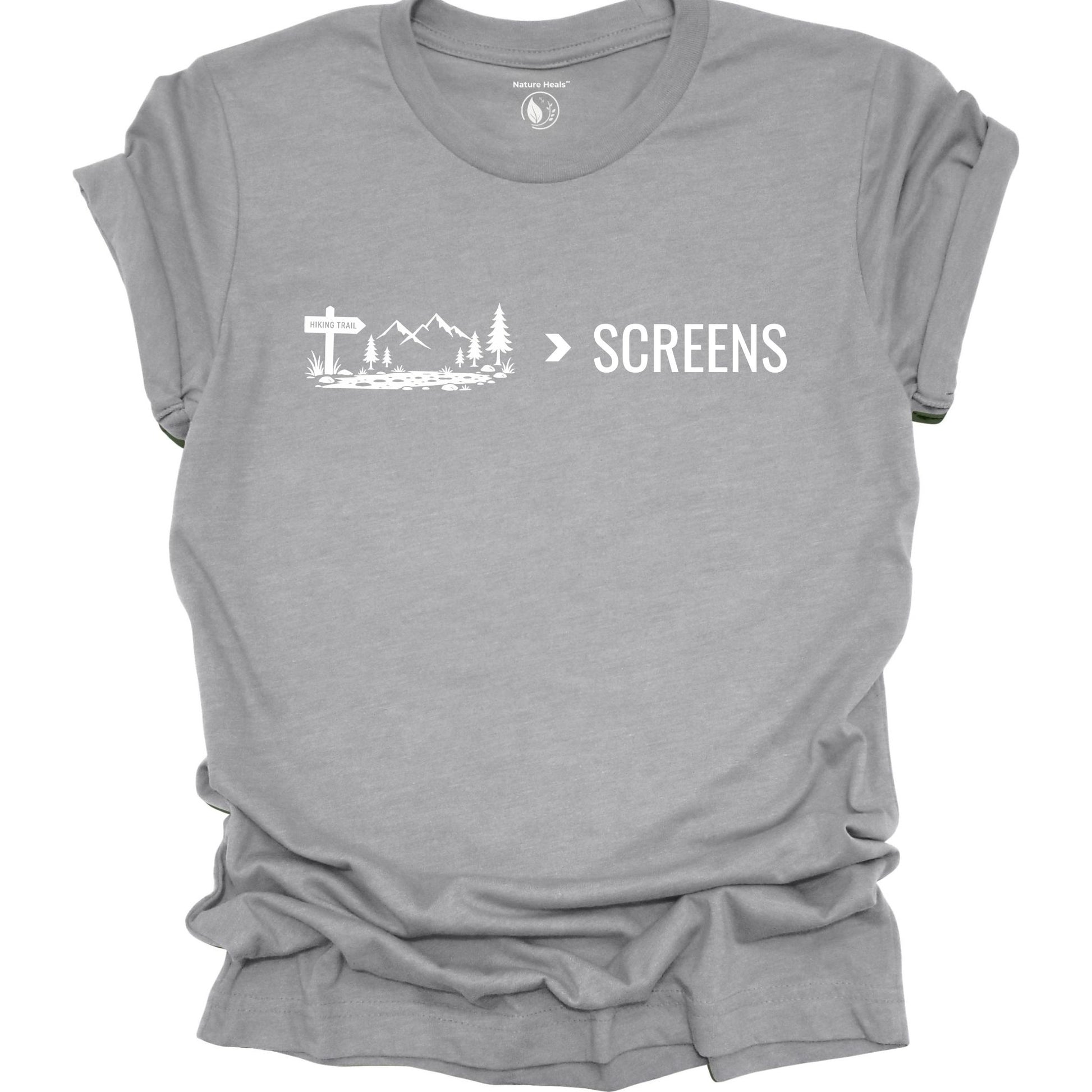 Minimalist Nature Over Screens gray t-shirt featuring mountains and trees for hikers and outdoor adventure lovers.