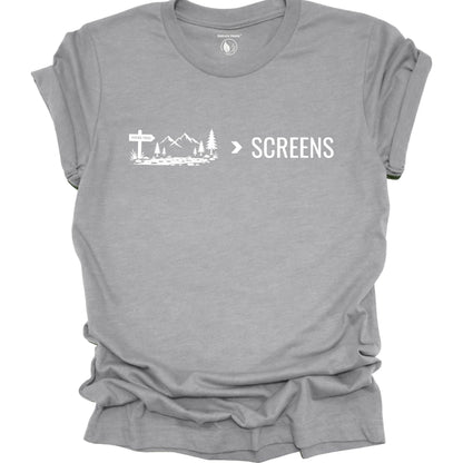 Minimalist Nature Over Screens gray t-shirt featuring mountains and trees for hikers and outdoor adventure lovers.