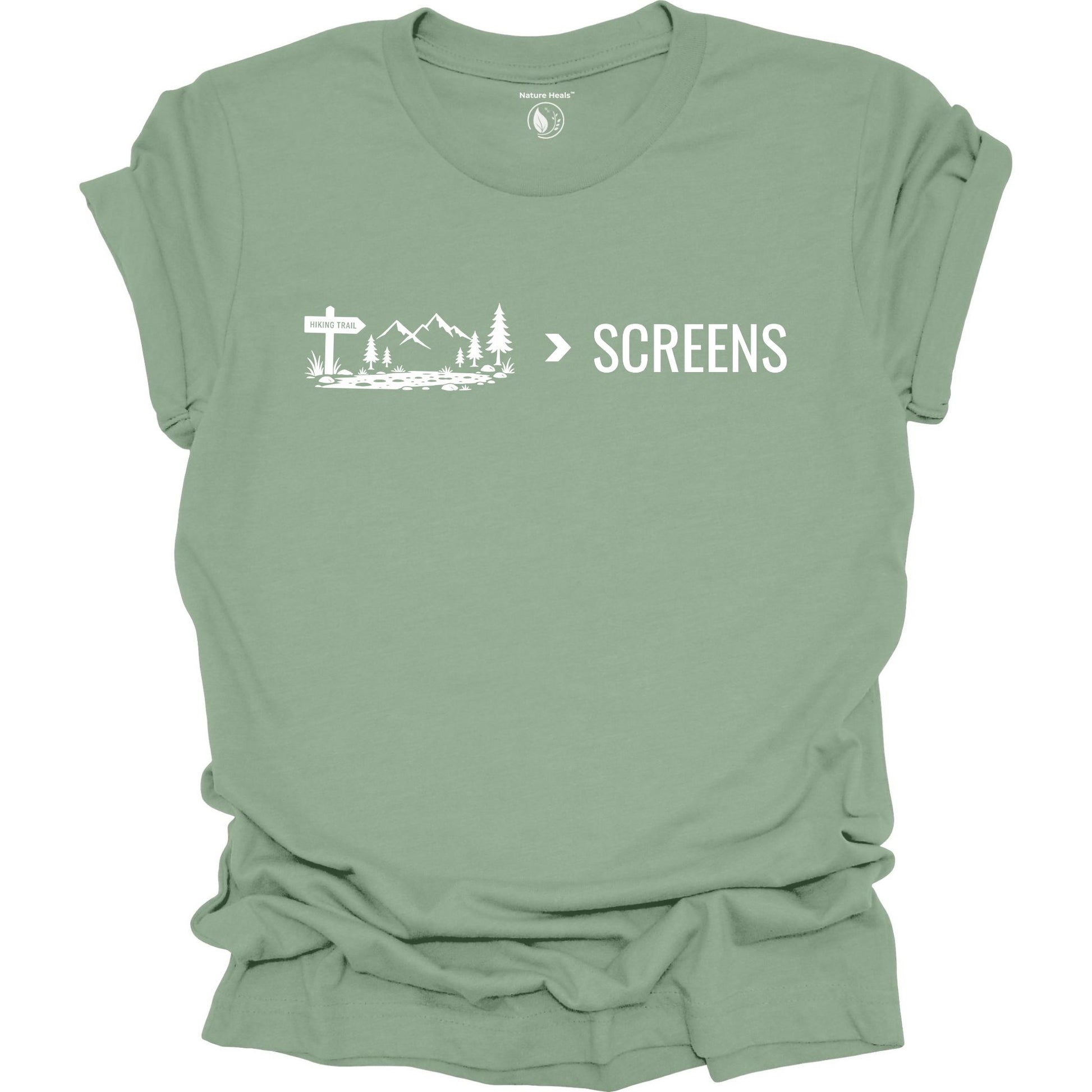 Minimalist Nature Over Screens sage t-shirt featuring mountains and trees for hikers and outdoor adventure lovers.