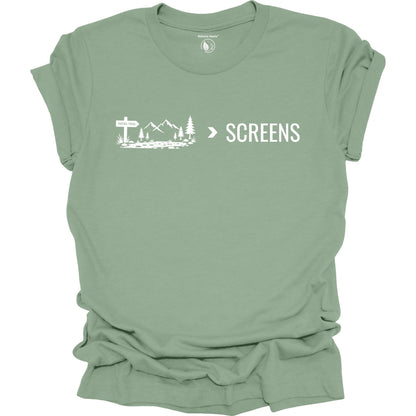 Minimalist Nature Over Screens sage t-shirt featuring mountains and trees for hikers and outdoor adventure lovers.