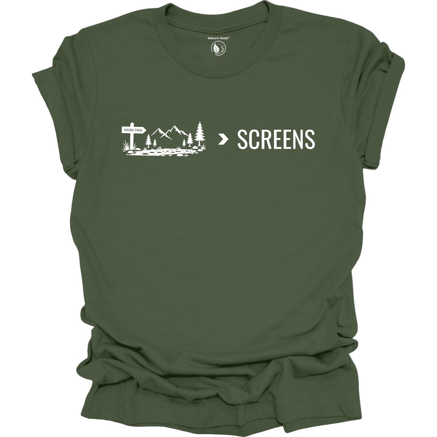 Minimalist Nature Over Screens green t-shirt featuring mountains and trees for hikers and outdoor adventure lovers.