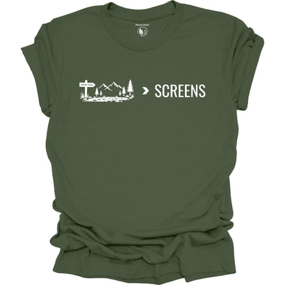 Minimalist Nature Over Screens green t-shirt featuring mountains and trees for hikers and outdoor adventure lovers.