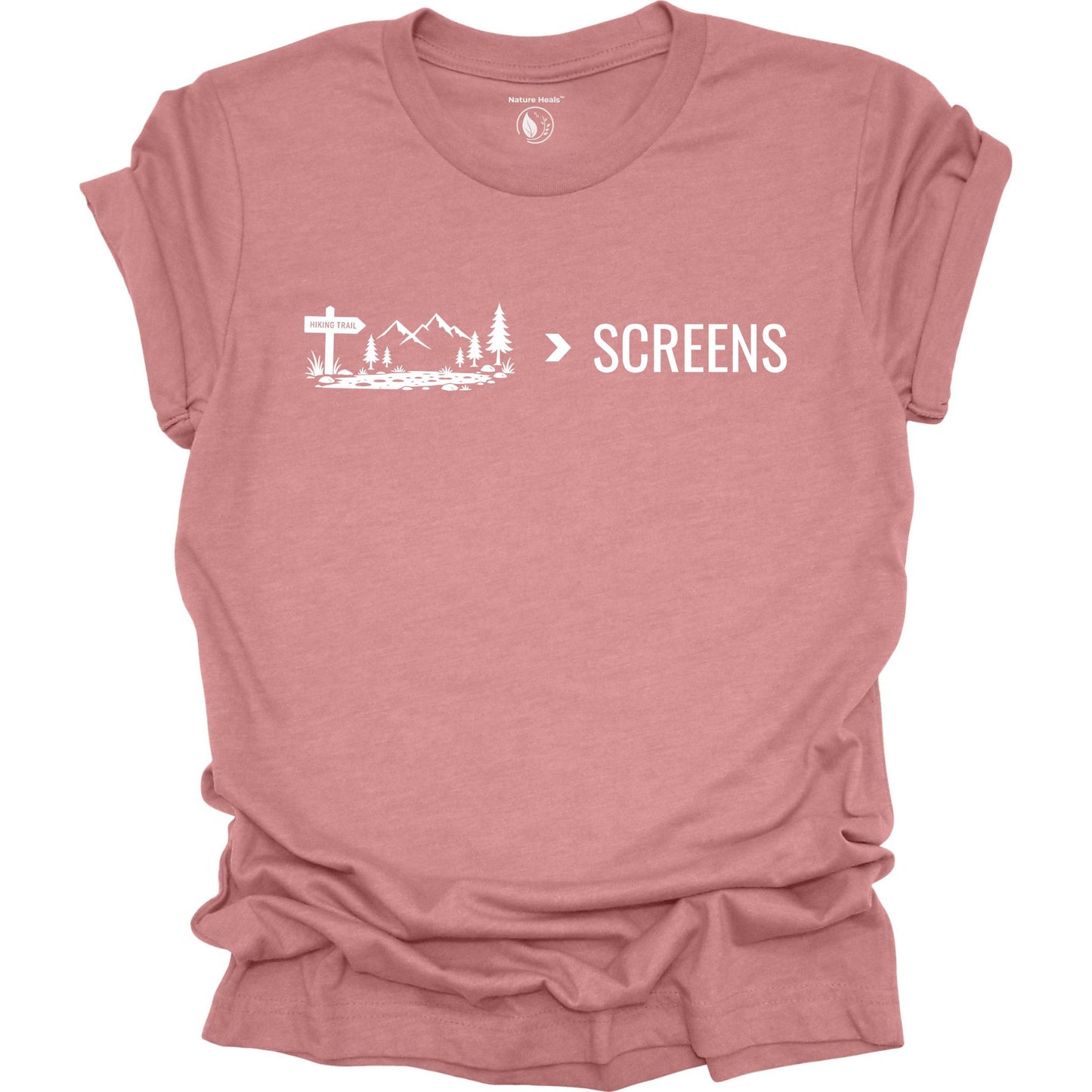 Minimalist Nature Over Screens mauve t-shirt featuring mountains and trees for hikers and outdoor adventure lovers.