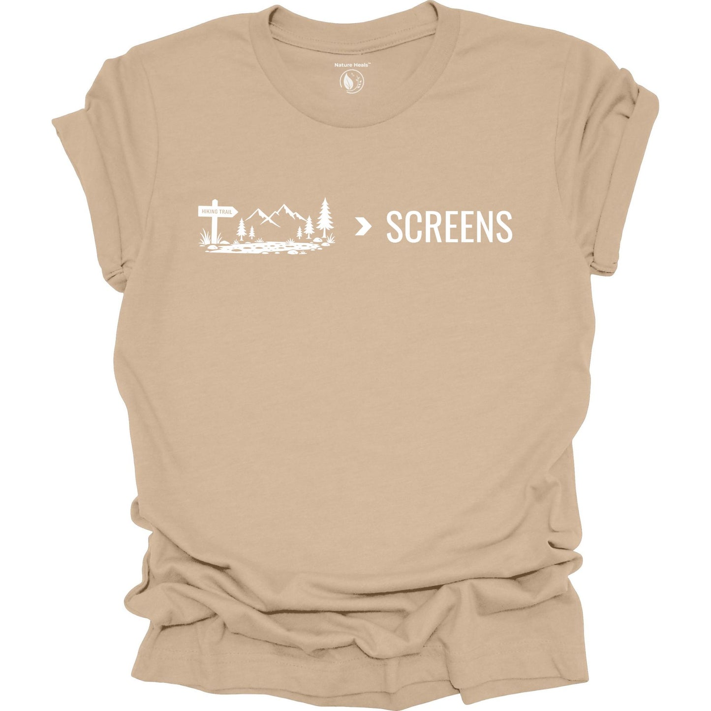 Minimalist Nature Over Screens tan t-shirt featuring mountains and trees for hikers and outdoor adventure lovers.