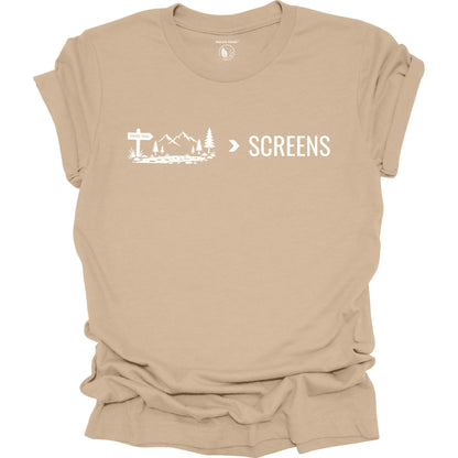 Minimalist Nature Over Screens tan t-shirt featuring mountains and trees for hikers and outdoor adventure lovers.