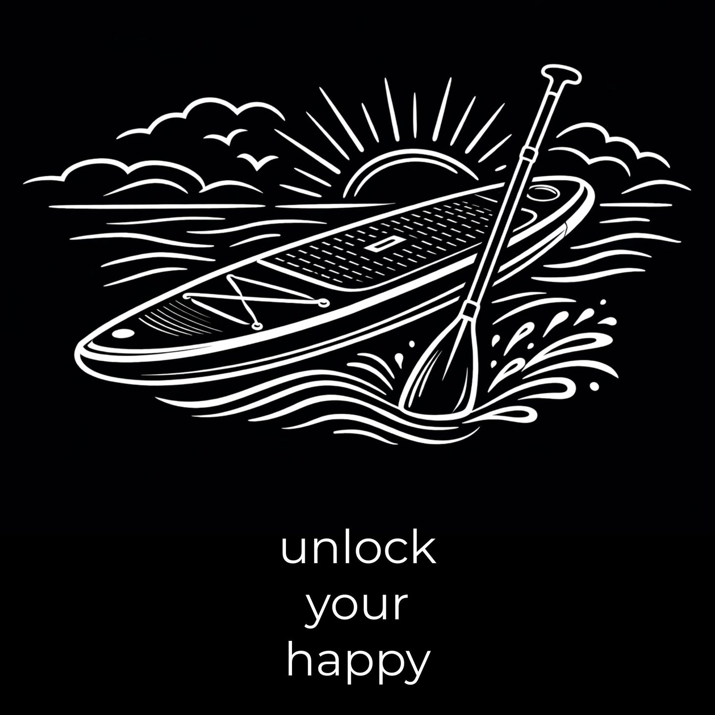 White line art of a paddleboard and paddle on a black background with 'unlock your happy' text.
